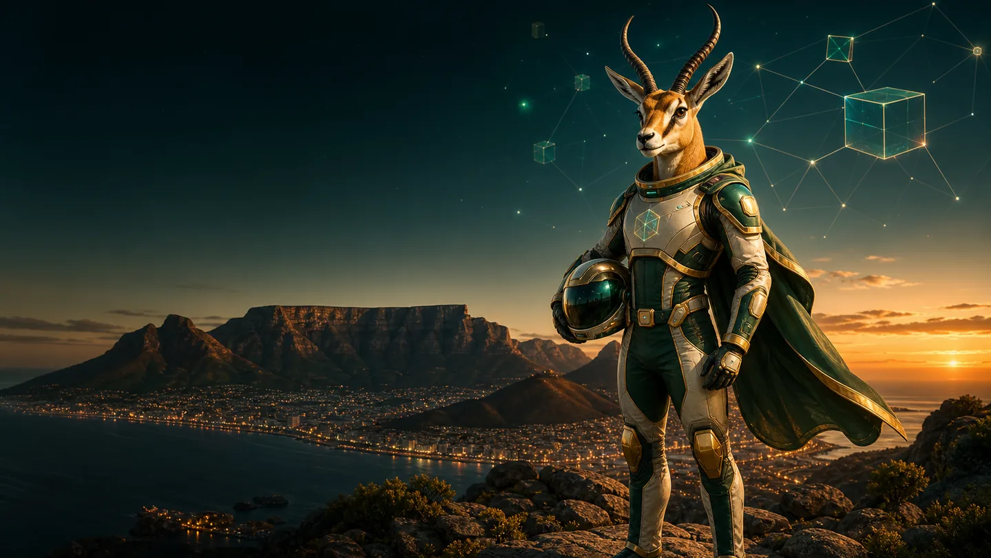 A springbok space explorer overlooking Table Mountain in CapeDAG green and gold